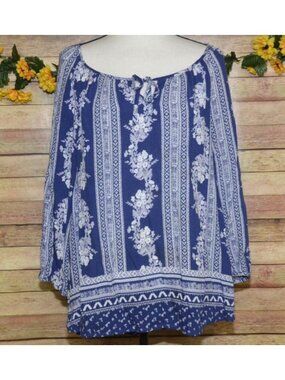 Fred David Blue Floral Print Blouse Ladies XL Lightweight Rayon Top Casual Top